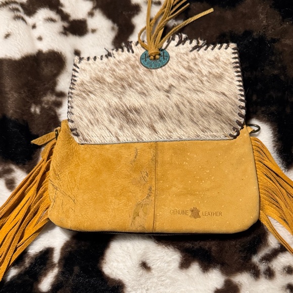 Boho Western Brown & Tan Women's Cowhide Tooled Leather Bag with Fringe - Picture 6 of 6